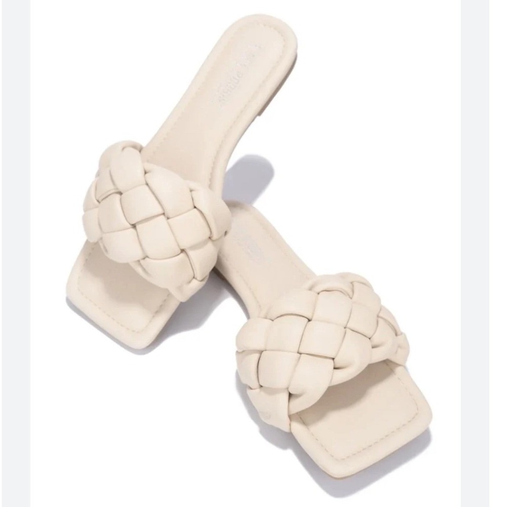 NEW Braided Slide‎ Sandal Shoe Neutral Square Toe Cream Flat Slides Slip On 5